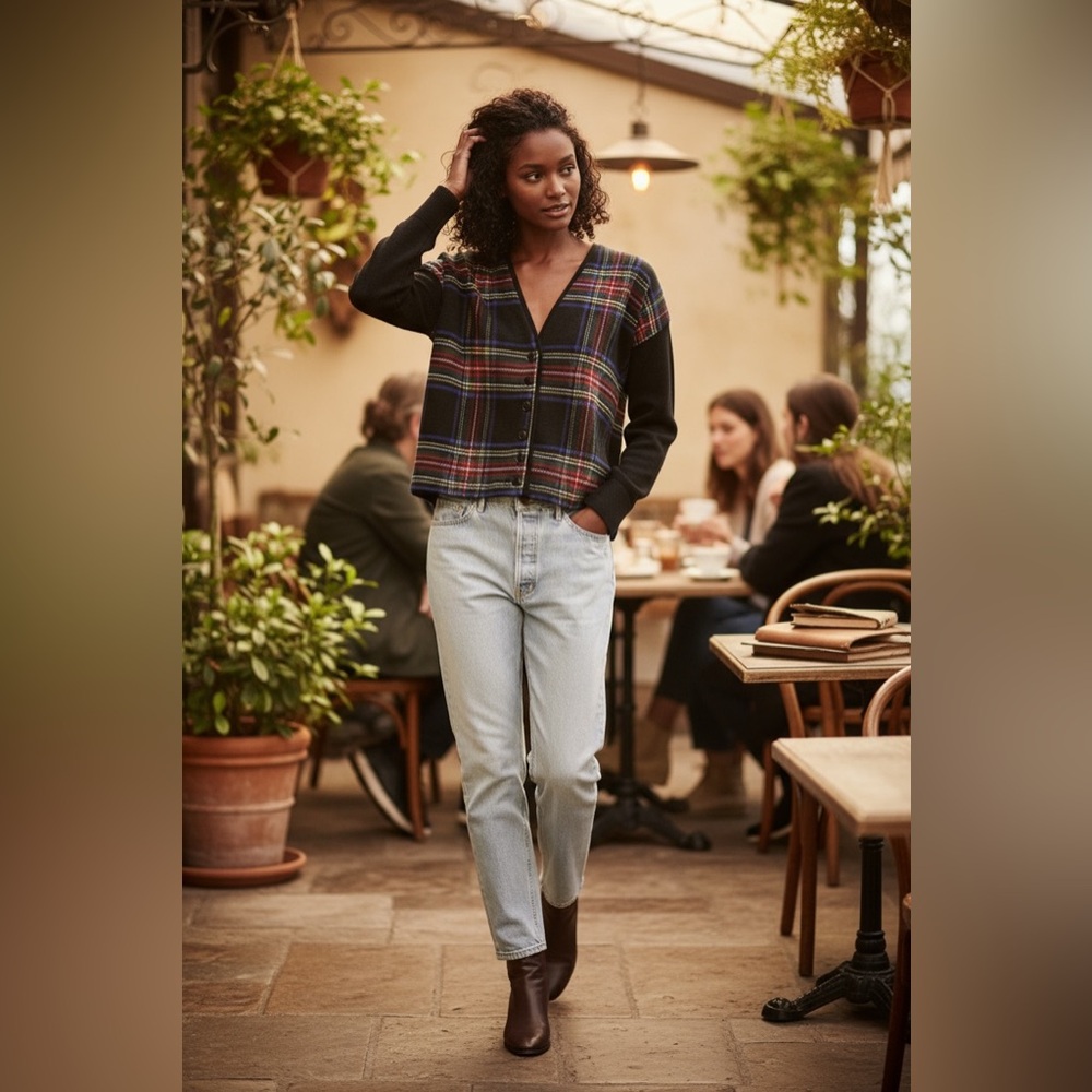 THE GREAT. The Fireside Cardigan in Heather Plaid